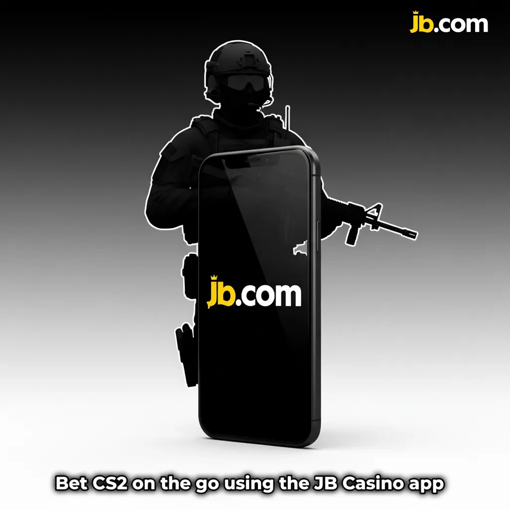 Smartphone showing JB Casino app with Counter-Strike 2 live odds, bet slip, deposit and cash-out options.