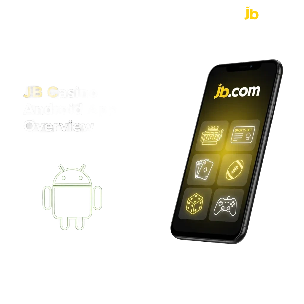 Smartphone displaying JB Casino Android app with sportsbook, slots, tables, and live casino for on-the-go play.