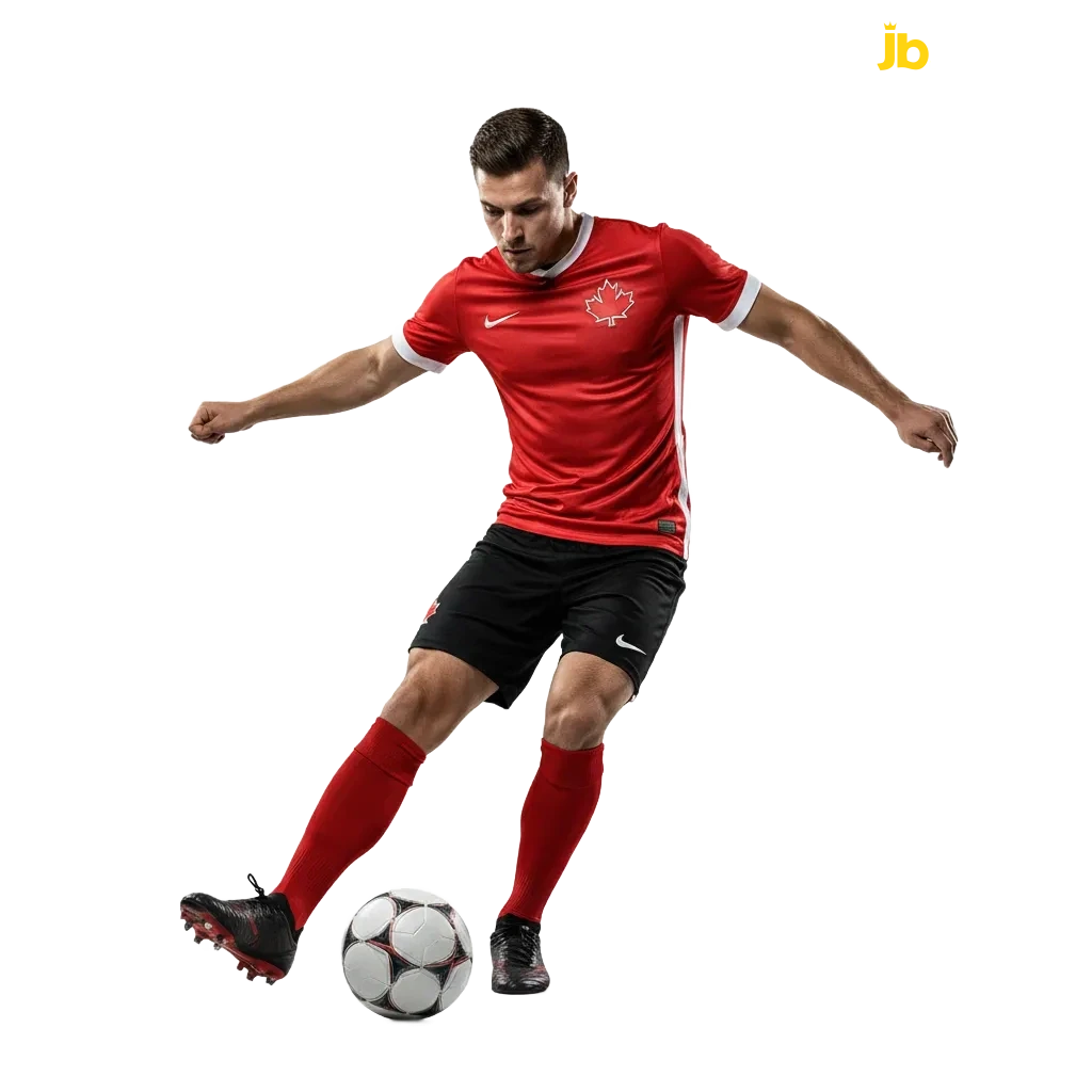 JB Casino Football betting interface with live odds, in-play markets, and a Canada-themed 120% bonus and free bets promo.