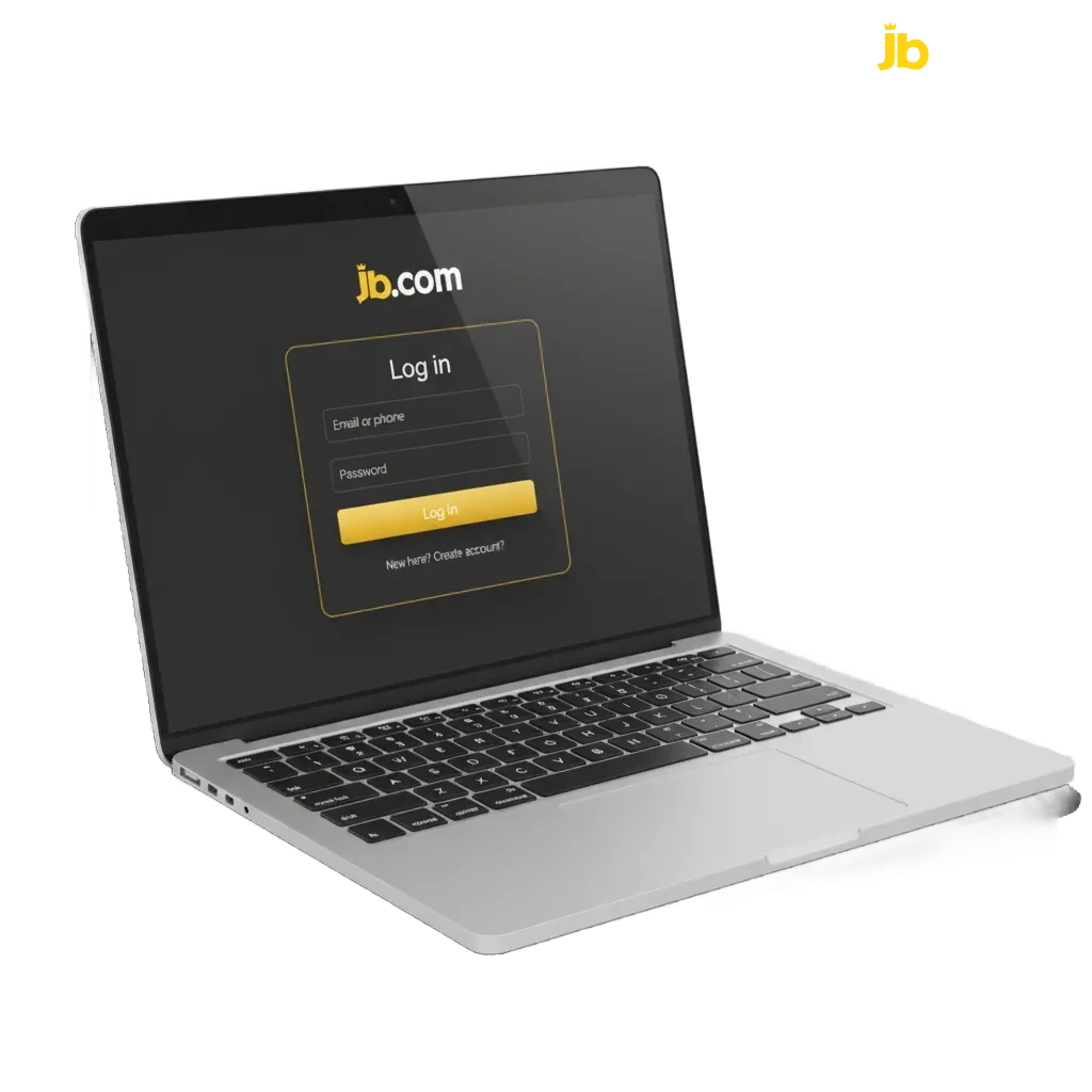 Écran de connexion JB Casino sur web et mobile: email/identifiant/téléphone, mot de passe ou code SMS, 2FA, accès sécurisé.
