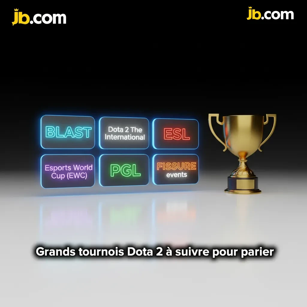 Affiche Dota 2 listant TI, BLAST, ESL, EWC, PGL, FISSURE, avec calendrier de matchs et cotes.