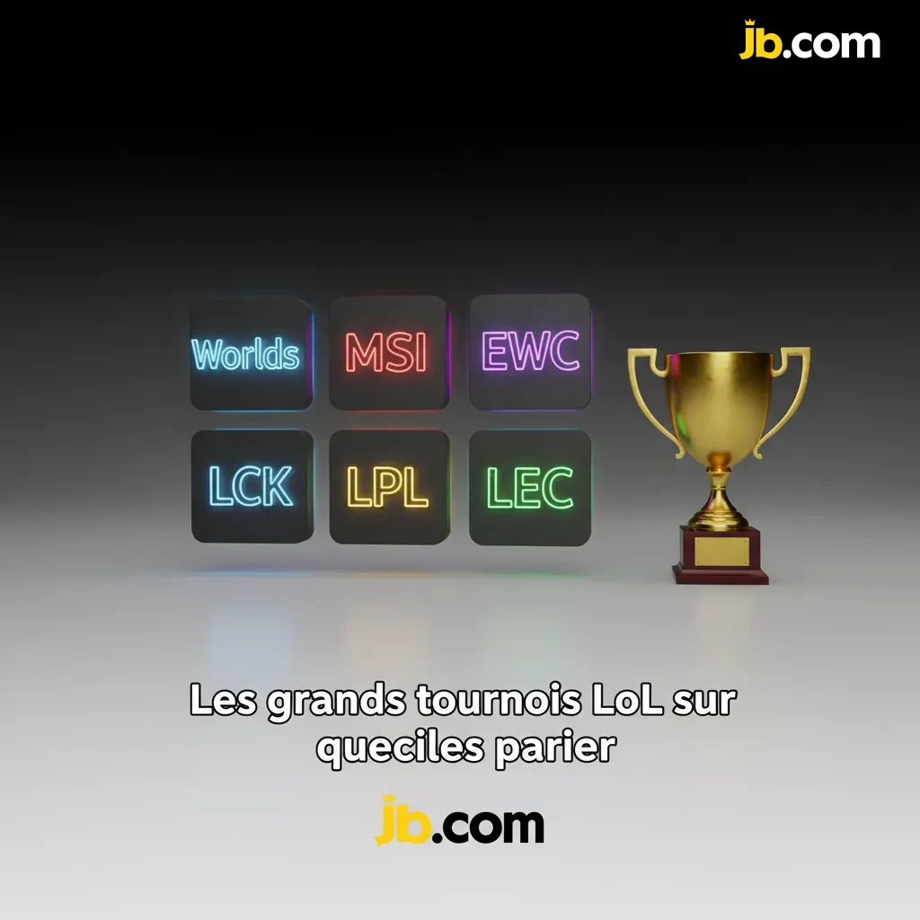 Affiche présentant les tournois LoL majeurs pour parier: Worlds, MSI, EWC, LCK, LPL, LEC.