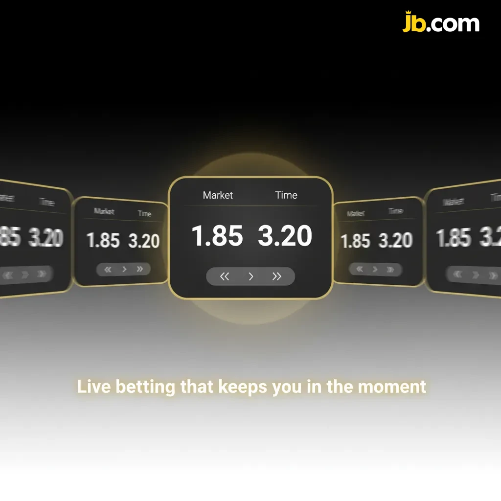 JB Casino live betting UI with in-play odds, next goal/point props, cashout, live stats, and a clean betslip across sports.