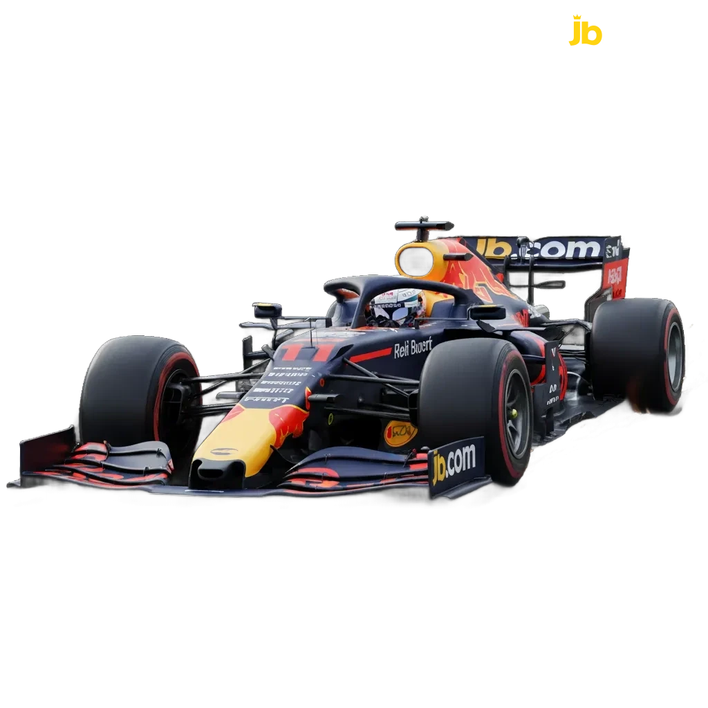 Voiture de F1 et smartphone affichant cotes en direct JB Casino; paris live, cash out, bonus de bienvenue.