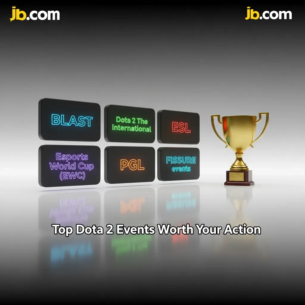 Graphic listing top Dota 2 events: TI, BLAST, ESL, EWC, PGL, FISSURE, with betting focus and timing tips.