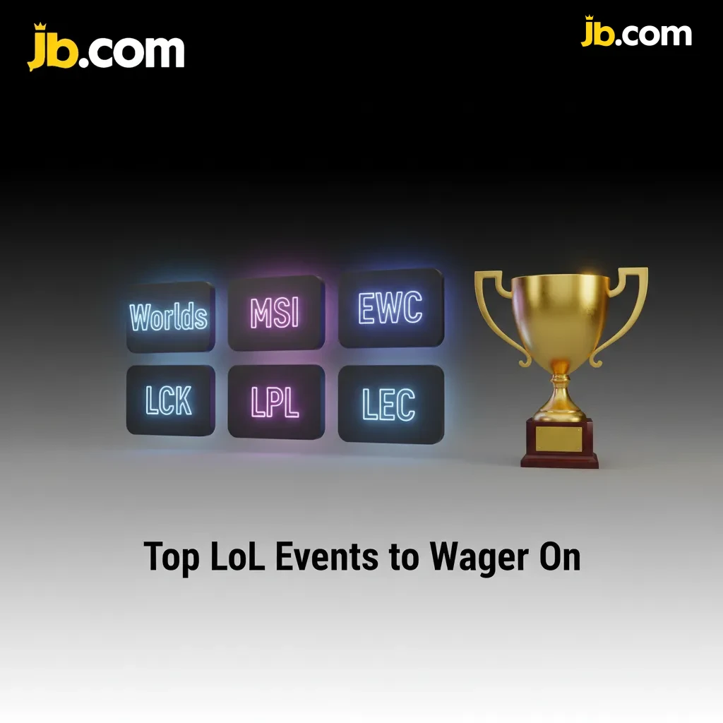 Graphic listing top LoL events to wager on: Worlds, MSI, EWC, and regional leagues LCK, LPL, LEC, year-round action.