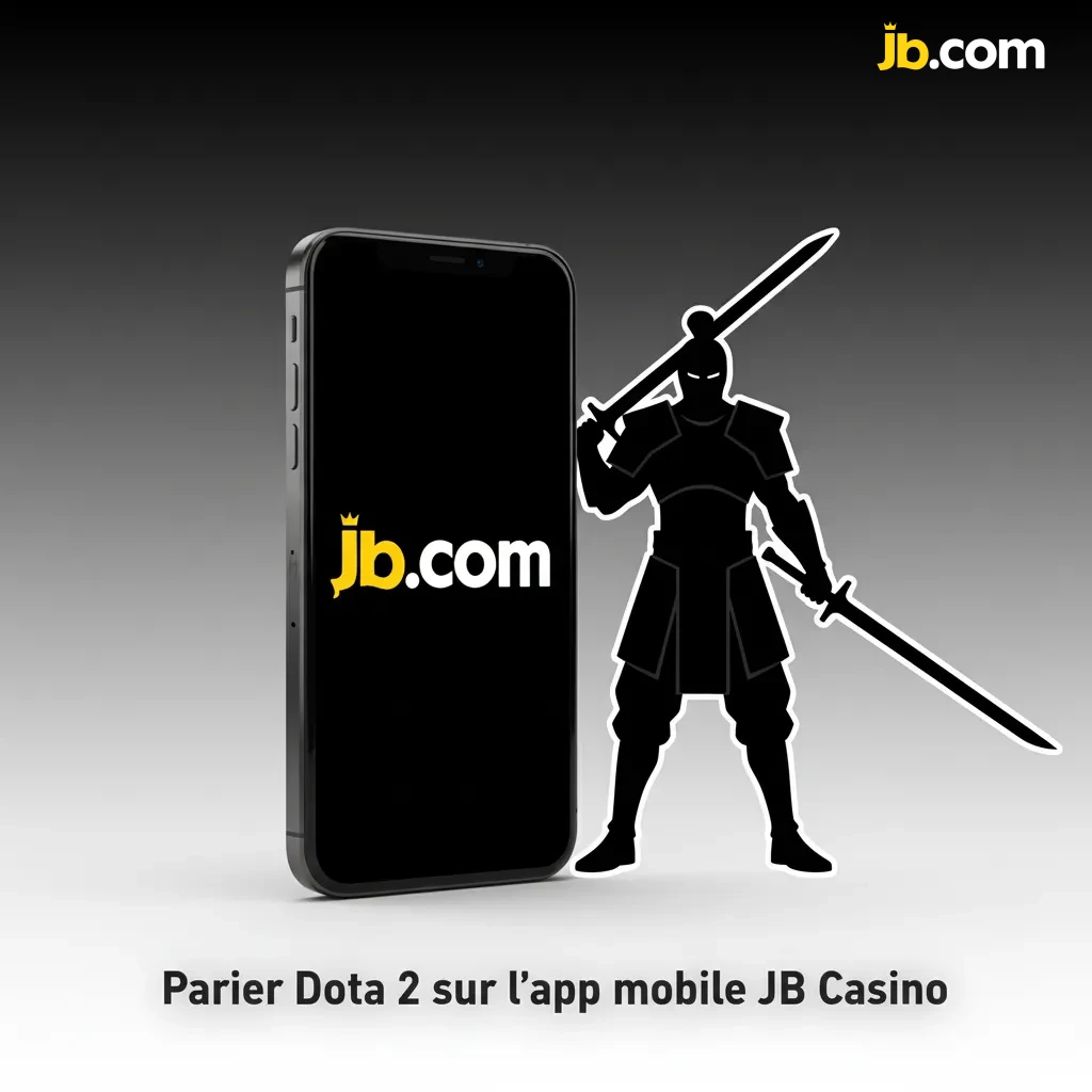 Écran mobile montrant l’app JB Casino: paris Dota 2, cotes et marchés, notifications, sur iOS et Android.