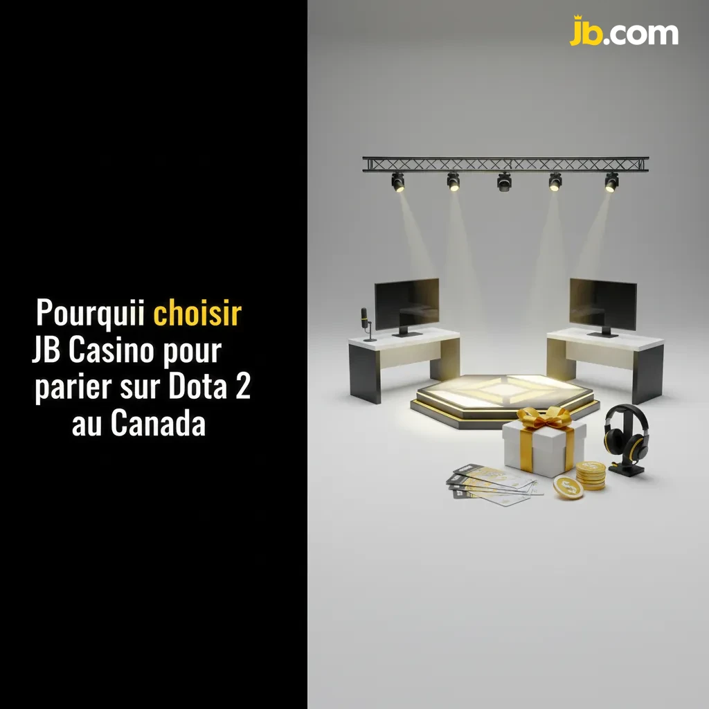 Visuel JB Casino Dota 2 Canada: bonus 120% + 20 FB/400 FS, paiements CAD, app mobile, support 24/7 EN/FR, cotes compétitives.